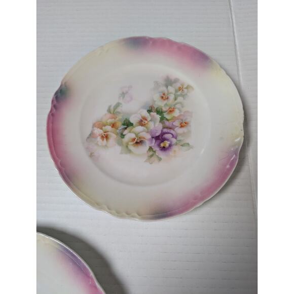 Antique German Lusterware Plates Floral Pansy Set of 3 Pink Iridescent Trim - Picture 4 of 9